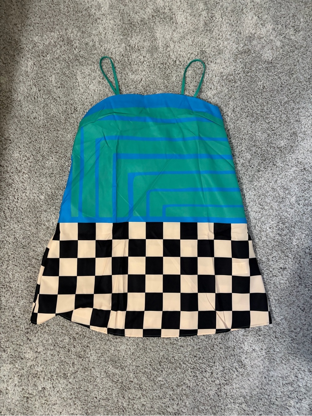 Colorblock Checkerboard Slip Dress in Teal & Black-Cream